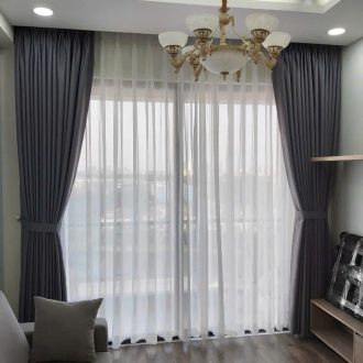 Rèm vải xám phối voan trắng cho phòng khách hiện đại